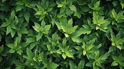 Vibrant green leaves and budding growth of Rhodiola rosea, showcasing diverse leaf shapes and rich textures in a lush, natural setting.