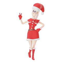 3D Cartoon Girls Santa Claus Style.A tall female Santa Claus master walks with her right hand in a two-finger pose and her left hand on her waist. Illustration Art