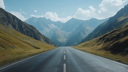 Naklejka premium Mountain landscape at sunrise with a clear asphalt road stretching through lush green valleys and towering peaks under a bright blue sky.