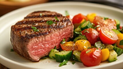 Grilled tender veal steak accompanied by a colorful medley of fresh cherry tomatoes, cucumbers, and herbs on a white plate