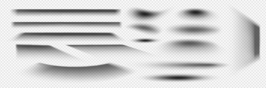 Various transparent shadows and straight linear to curved shapes on white background. Different intensity levels with depth and shading effects. Realistic shade elements for digital design overlays.