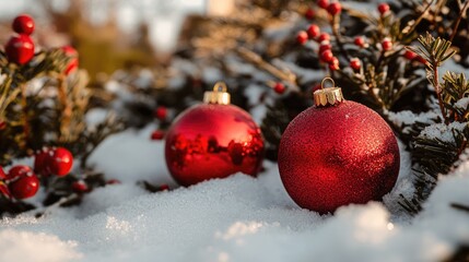 Obraz premium Glossy red Christmas baubles nestled in fresh snow alongside green foliage and berries, creating a festive winter atmosphere.