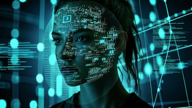 A futuristic woman is depicted with a digital face projection, gracefully positioned within a vibrant cybernetic environment, blending artistry and technology in this innovative composition