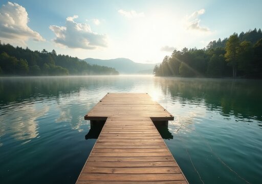 Calm waters reflect the morning sun over a peaceful wooden dock by a serene lake