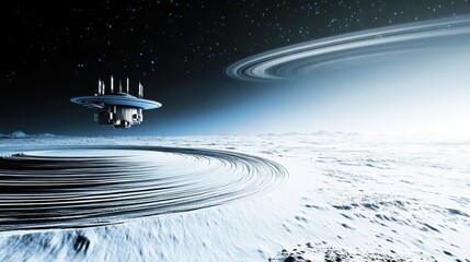 Futuristic spacecraft hovering above icy Uranus surface, distant stars and faint rings visible, symbolizing outer solar system exploration with advanced technology.