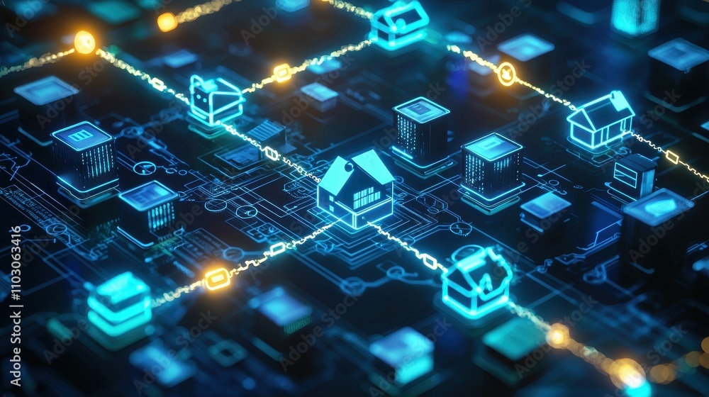 Aufkleber a digital representation of interconnected houses on a network, showcasing blockchain technology and