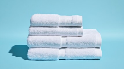 Neatly Stacked Soft White Towels on Bright Blue Background Creating a Fresh and Clean Aesthetic