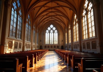 Majestic interior of an ancient church with stunning stained glass windows