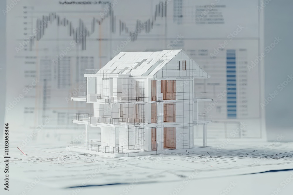 Poster a 3d model of a house sits on architectural plans, surrounded by graphs and charts, illustrating the