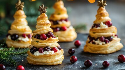 Puff pastry Christmas trees exquisitely layered with creamy goat cheese and tart cranberries, beautifully arranged on a festive setting.