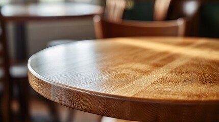 Obraz premium Round wooden table showcasing rich grain texture with a softly blurred kitchen background, evoking a warm and inviting dining atmosphere.