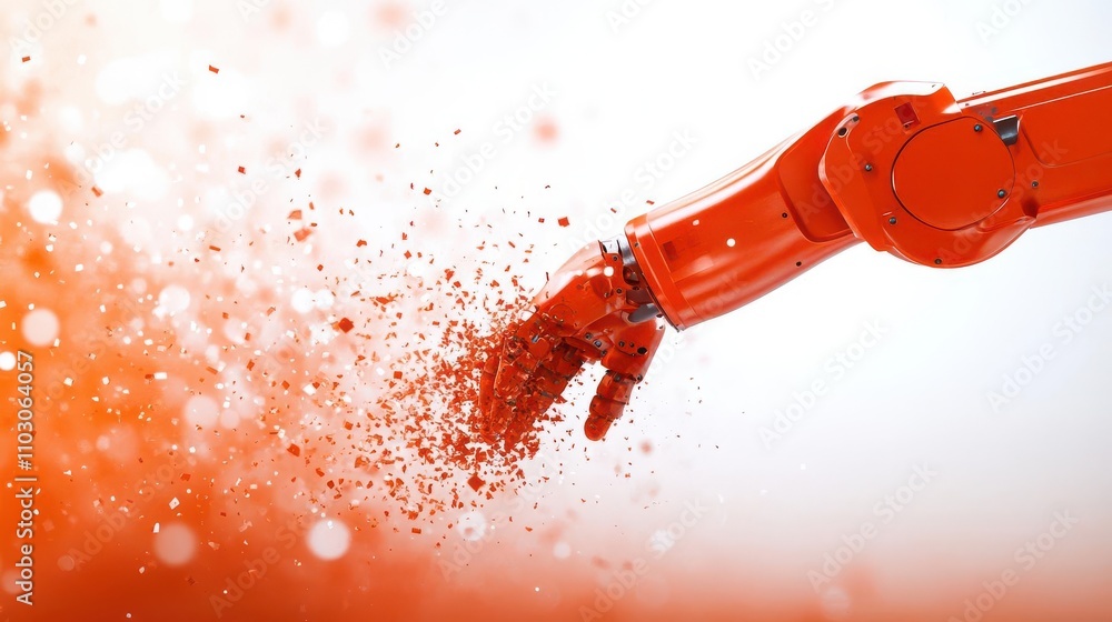 Poster red robotic arm with particles dispersing showcasing advanced technology in automation and modern in