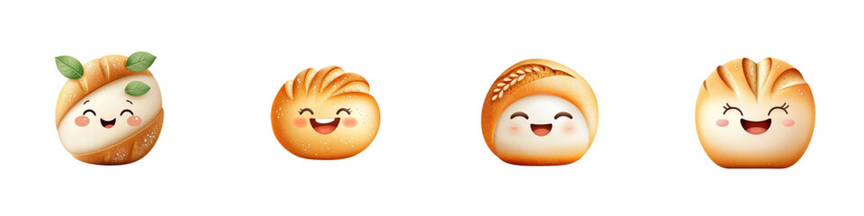 Naklejka premium Cartoon-style Kaisersemmel bread roll with smiling face, isolated on white background. Collection PNG.