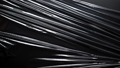 Obraz premium Transparent plastic wrap on the black background. Clean blank texture overlay effect template. Isolated wrinkle surface branding mock-up.