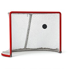 red hockey goal with puck in the net isolated on white background  3d rendering
