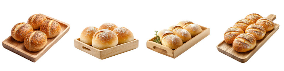 Kaisersemmel bread roll on a wooden tray, isolated on white background. Collection PNG.