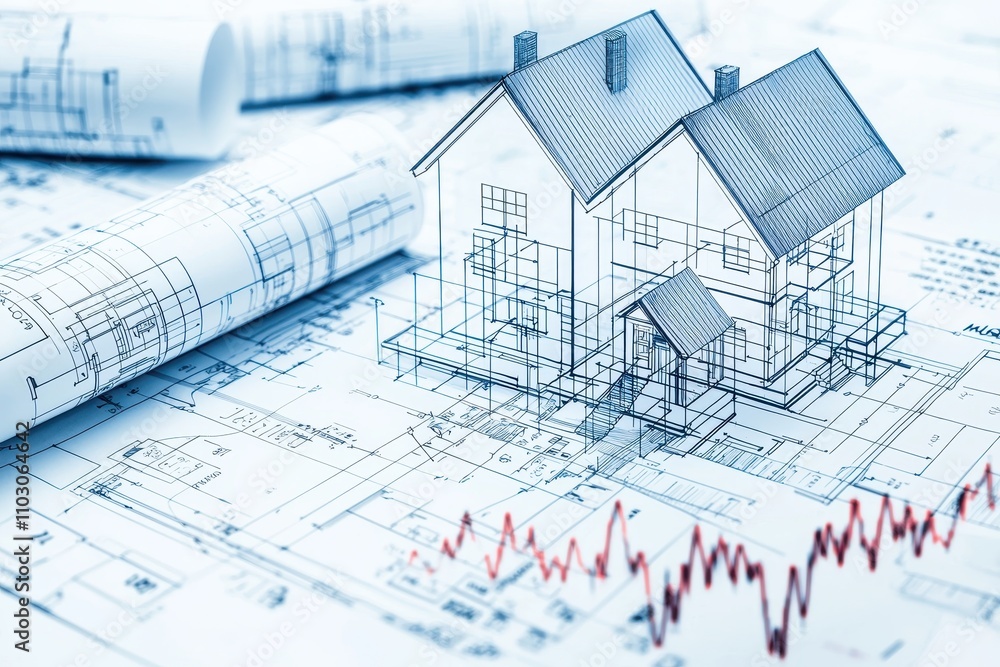 Poster a digital rendering of a house model on architectural blueprints with graphs, symbolizing real estat