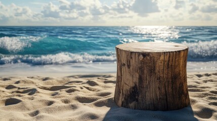 Fototapeta premium Wooden display pedestal on sandy beach with ocean waves, under a bright sunny sky, creating a tranquil tropical scene for product presentation.