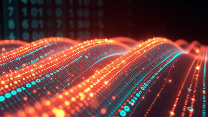 Fototapeta premium Digital wave pattern with binary code and glowing particles in a futuristic design
