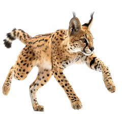 Agile serval pouncing to capture prey on white background png