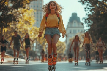 Woman enjoying a roller-skating ride in the city