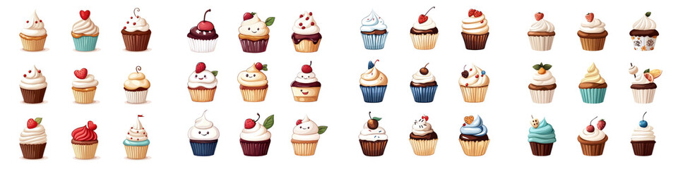 Cartoon-style cupcakes, isolated on white background. Collection PNG.