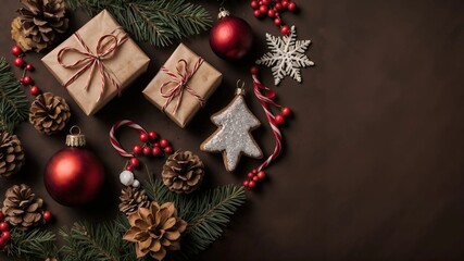 Festive Christmas Flatlay with Wrapped Gifts and Traditional Decorations, pine cones and red and white ornaments with copy space