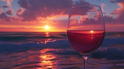 Elegant wine glass reflecting a vibrant sunset over the beach, capturing evening sophistication and a celebratory toast against a stunning ocean backdrop.