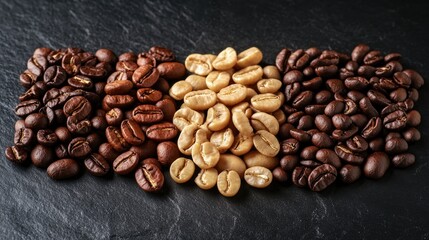 Diverse assortment of coffee beans arranged on a black stone surface with a close-up view, showcasing freshly roasted options and ample space for text.