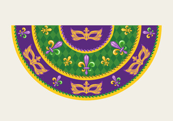 Semicircle Mardi Gras Flag for holiday celebration, decoration. Half circle bunting with Fleur de Lis symbol masks, harlequin ornament, beads. Vintage style