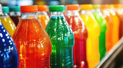 Colorful assortment of soft drink bottles in various flavors on a conveyor belt illuminated by soft lighting in a production facility