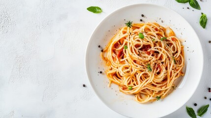 Presentation of spaghetti with rich tomato sauce garnished with fresh herbs on a white plate, set against a clean white backdrop.