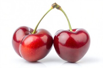 Three ripe red cherries, heartshaped, sweet, juicy, summer fruit