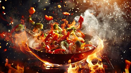 A vibrant stir-fry with vegetables in a fiery wok, showcasing cooking in action.