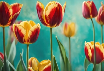 Floral art in rich colours, drawing abstract red-yellow tulips on green background