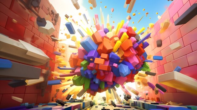 A dynamic cartoon image depicting a powerful missile breaking through and shattering a vibrant abstract wall of colorful blocks creating an explosive action packed scene
