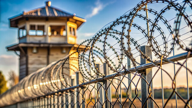 Barbed wire fence with watchtower in prison yard