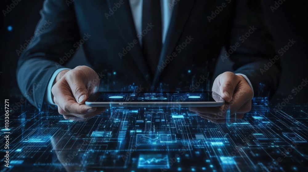 Poster a businessman in formal attire interacts with a smart tablet, managing home automation systems from 