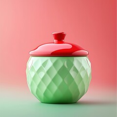 A modern red and green advertisement poster that showcases a beautifully crafted item against a soft gradient background. The professional studio lighting illuminates the product, revealing intricate