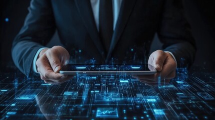 A businessman in formal attire interacts with a smart tablet, managing home automation systems from a sleek office environment at dusk, highlighting the fusion of technology and lifestyle