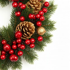 christmas wreath with red berries gold pine cones and green pine branches on white background