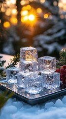 A beautiful display of ice cubes on a tray, surrounded by snow and greenery, illuminated by a warm sunset glow.