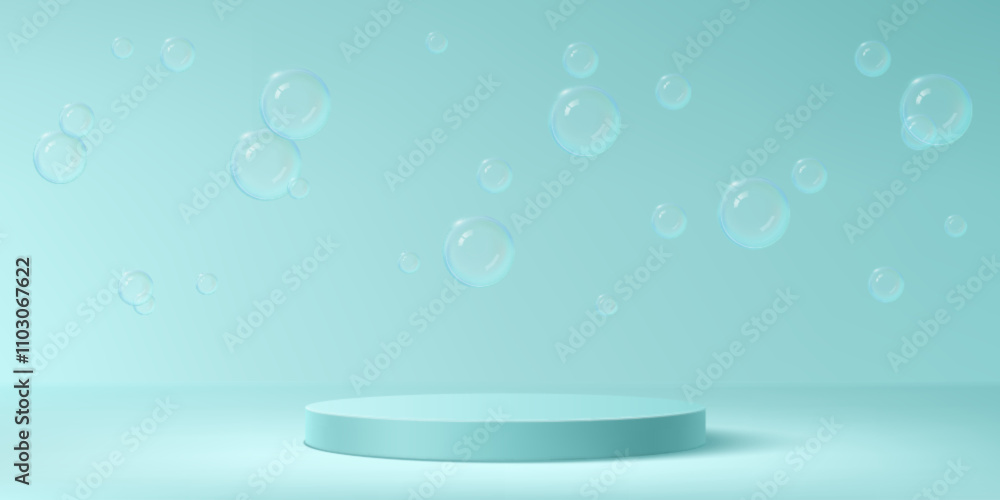 Aufkleber minimalist 3d composition with turquoise circular podium with floating transparent soap bubbles scat