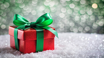 Festive gift box with green ribbon on sparkling background
