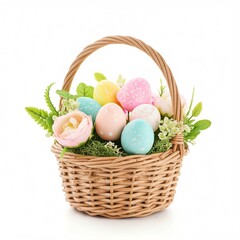 Fototapeta premium easter basket with decorated eggs flowers and green moss isolated on white background