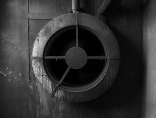 A close-up of a vintage industrial fan, showcasing its rusted design and unique features against a textured wall.