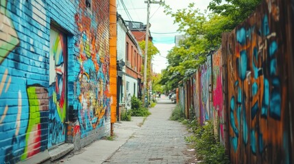 Fototapeta premium Colorful murals cover the brick walls of a narrow urban lane, blending artistry with nature. Greenery frames the path, creating a lively and inviting atmosphere for visitors