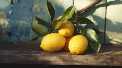 Lively summer arrangement showcasing fresh yellow lemons nestled among lush green leaves on rustic wooden surface, perfect for text overlay.