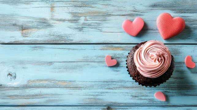 Elegant chocolate cupcake with pink cream and heart-shaped decorations on a blue wooden background, featuring space for personalized text.