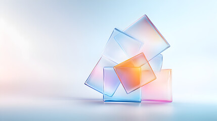 3d render, abstract geometric background, translucent glass with violet pink blue gradient, simple square shapes